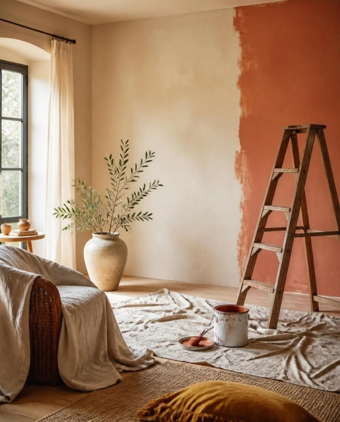 Salón luminoso en obras, con una escalera de madera, una pared a medio pintar en teja y un bote de pintura